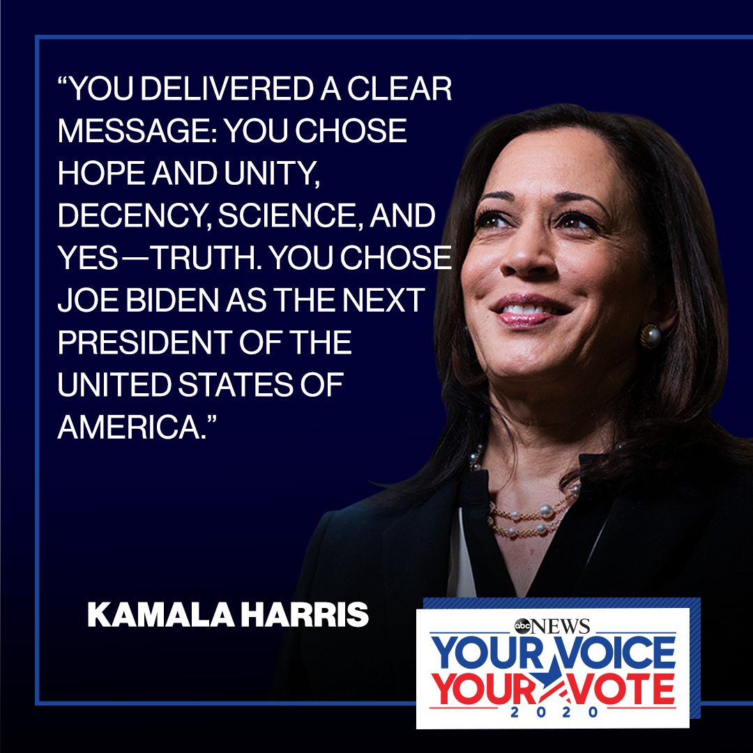 Vice President-elect Kamala Harris: "You delivered a clear message: you chose hope and unity, decency, science, and yes—truth." abcn.ws/2GDjo5e