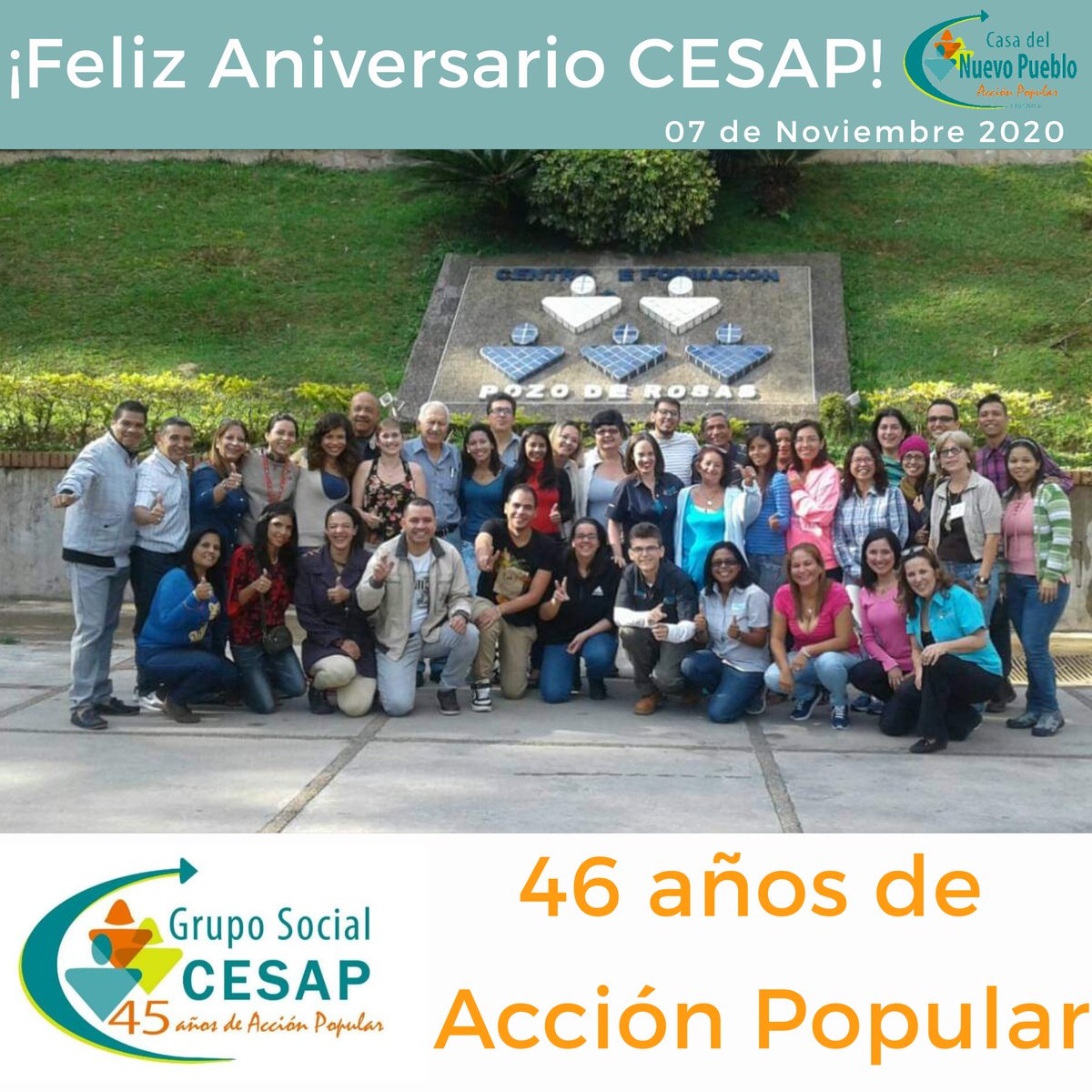 CNuevoPueblo's tweet photo. Hoy, nuestra organización madre, arribó a sus 46 años en la Acción Popular con una identificación plena con los más vulnerables para acompañarlos en sus procesos de transformación y avance.🎉
¡Feliz Aniversario @CESAP_AC !
#AccionPopular #CESAP #CESAP2020 #CESAPIANOS https://t.co/JmqngWiuB8