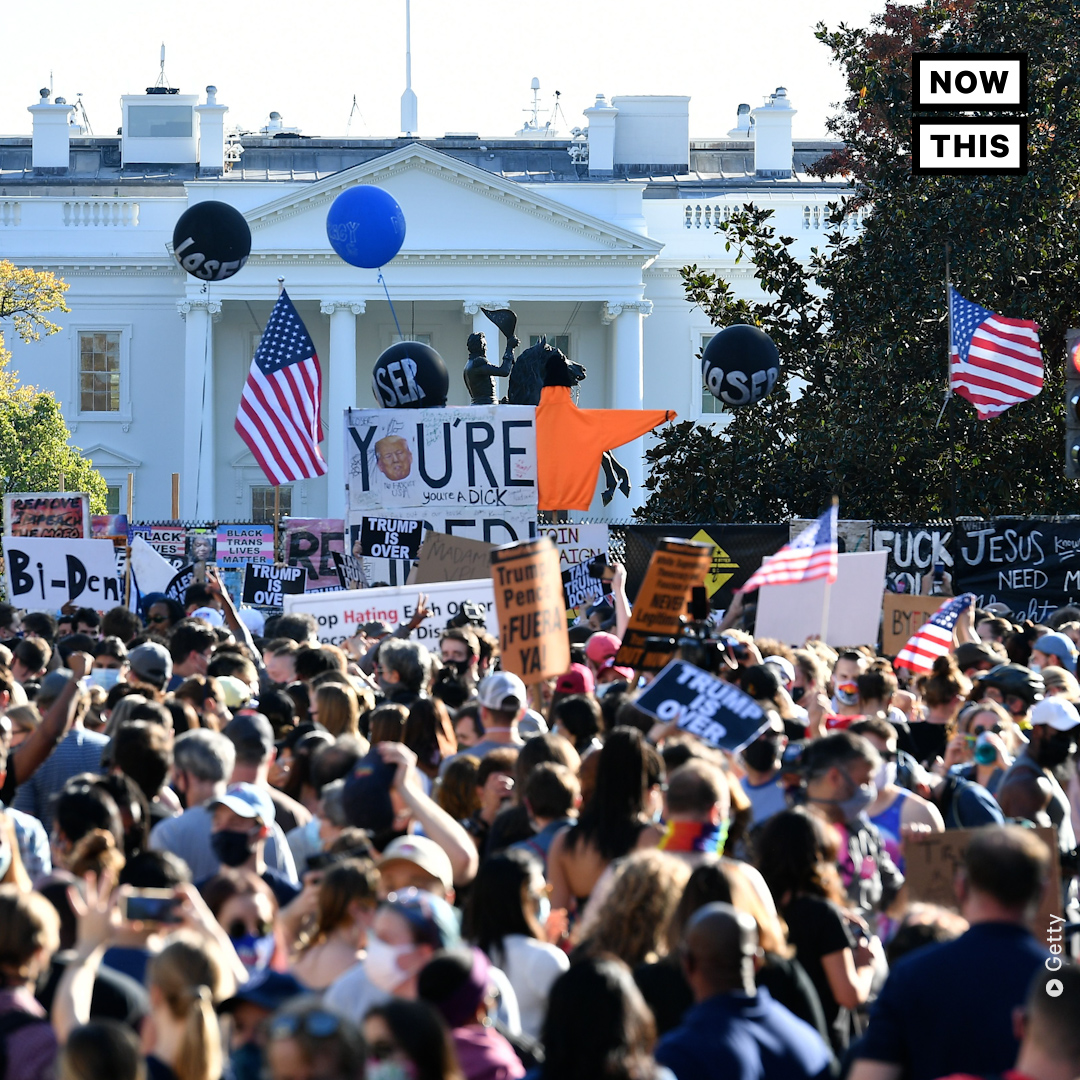 nowthisimpact's tweet image. Photographers captured Pres. Trump as he returned to the White House from his golf resort on Saturday, met by sprawling crowds celebrating his election defeat and flipping off his motorcade