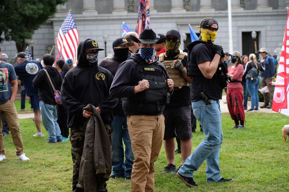 The Proud Boys, a right-wing hate group, gathers at the state Capitol for a pro-Trump rally.