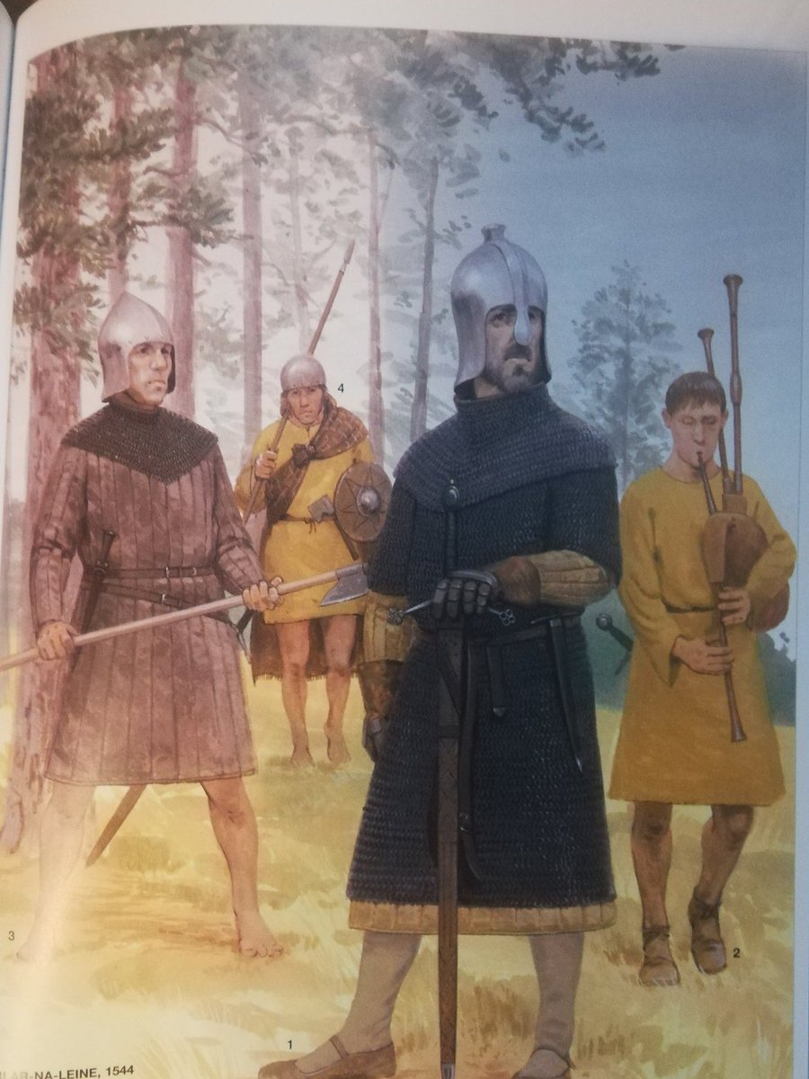16th century Highland warriors. The well equipped man at the front is a Chief. To the left is a "Galloglas", a "foreign warrior" or hired fighting man. He is reasonable well equipped and protected. Between them is the Cearnach with his tunic and plaid. On the right a piper.