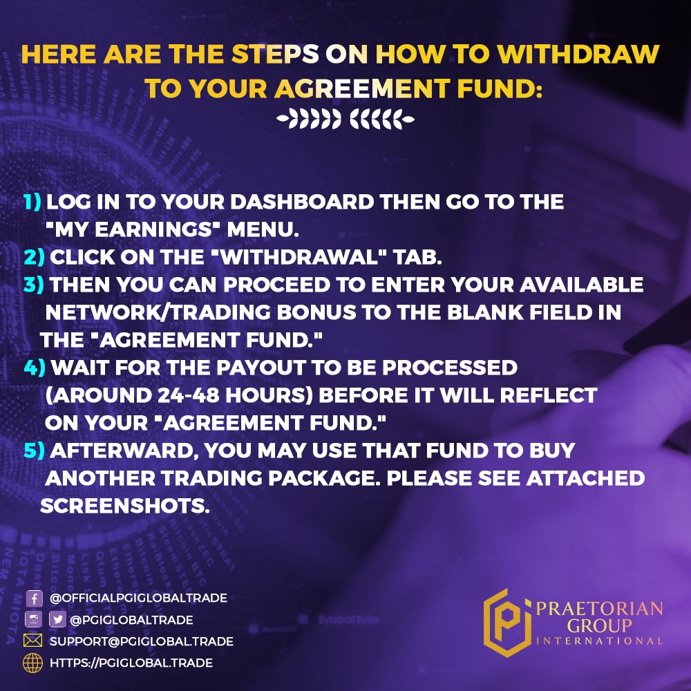 The 'Agreement Fund' serves as your savings to buy another Trading Agreement. If you want to invest again, it will save you 3% less if you withdraw your money from your 'Agreement Fund' than withdrawing it as your 'Cash-out.'

#PGIGlobal #PGI #AddAgreement #MoreEarnings