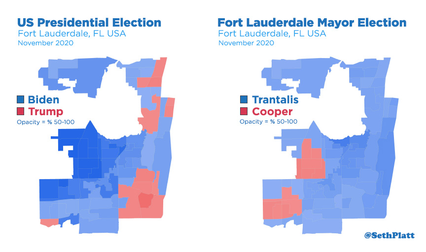 SethPlatt's tweet image. #Fort Lauderdale Mayor election map comparison to @JoeBiden election. @DeanTrantalis won w/57%. #Lauderdale  #Electionmap #FlaPol