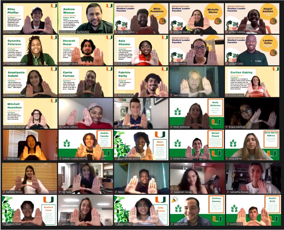 UMButlerCenter's tweet photo. Thanks to the @univmiami students that joined us today for the first ever BREAKTHROUGH: Emerging Leaders Workshop. Great to have our student leaders plan and speak at this amazing virtual program! #UMchangemaker https://t.co/PWZ4HHfCaO