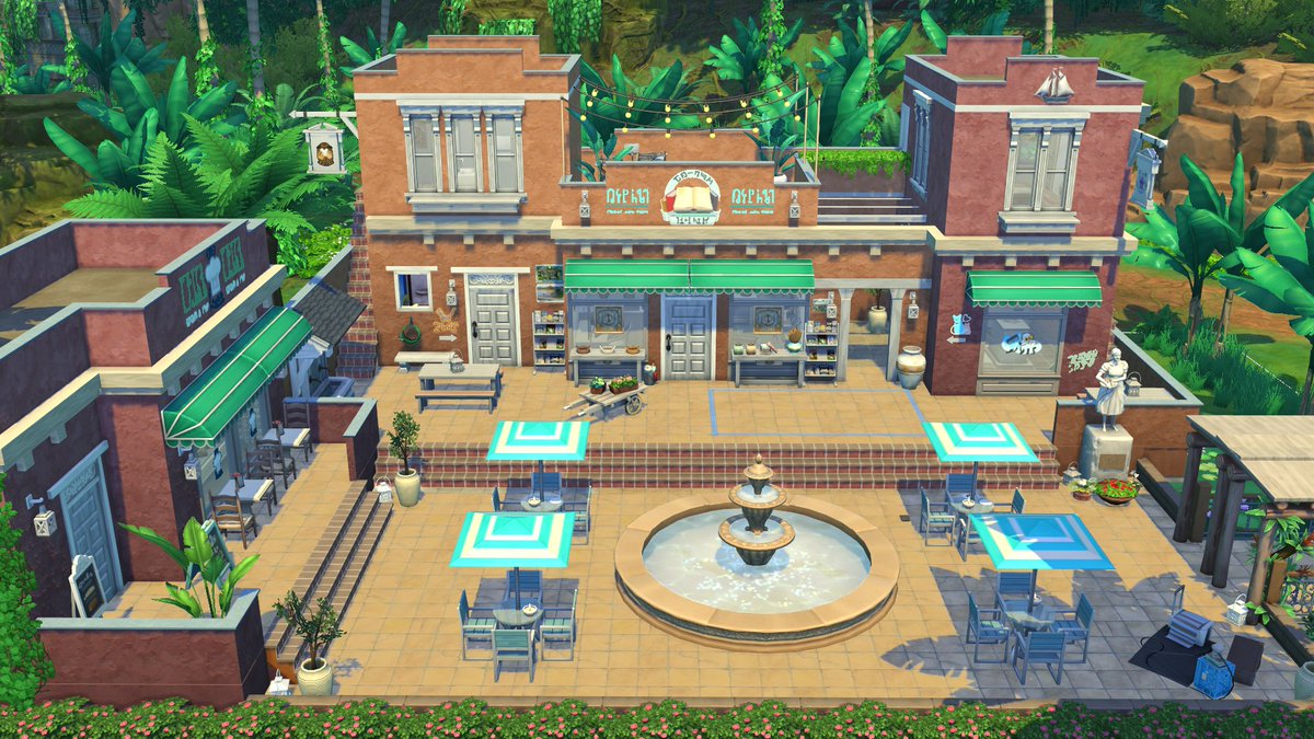 flubs79's tweet photo. im not sure🤔but did i already shown you this ? 
its a square in Selvadorada it has a café as well as a tourist info and a vet clinic, in case your sims are there with their pets #thesims #thesims4 @thesims #ShowUsYourBuilds https://t.co/RCkmnItYNj