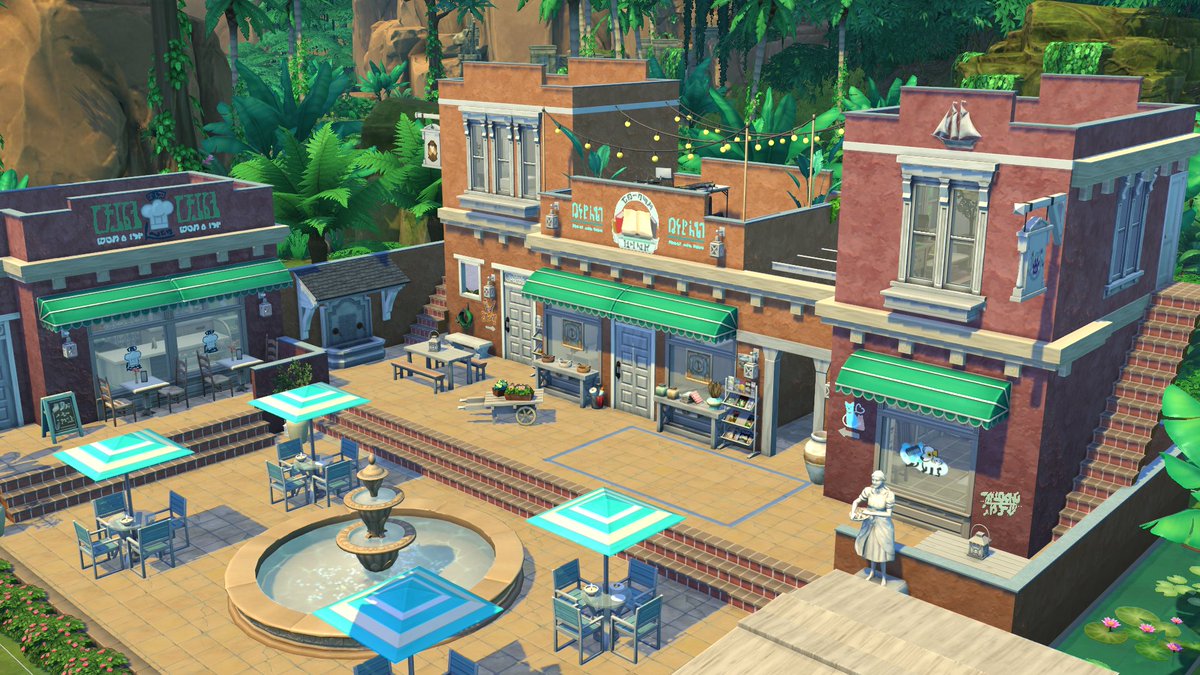 flubs79's tweet photo. im not sure🤔but did i already shown you this ? 
its a square in Selvadorada it has a café as well as a tourist info and a vet clinic, in case your sims are there with their pets #thesims #thesims4 @thesims #ShowUsYourBuilds https://t.co/RCkmnItYNj