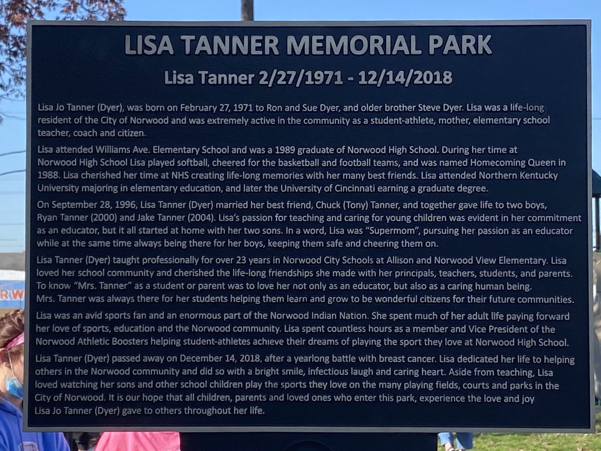 csdyer1's tweet photo. Shoutout to the City of Norwood and Councilman Chris Kelsch for an incredible ribbon-cutting ceremony today. My little Sis’ park, the Lisa Tanner Memorial Park is now open for children and parents to enjoy. #tannerstrong 💕 @NorwoodIndians https://t.co/y6o6mXI90e