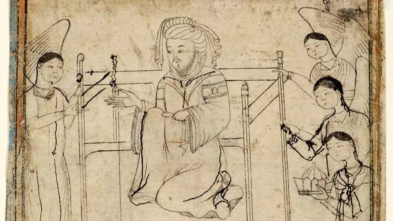 Black ink sketch of the Prophet Muhammad enthroned, Iran, 14th century.Berlin State Library