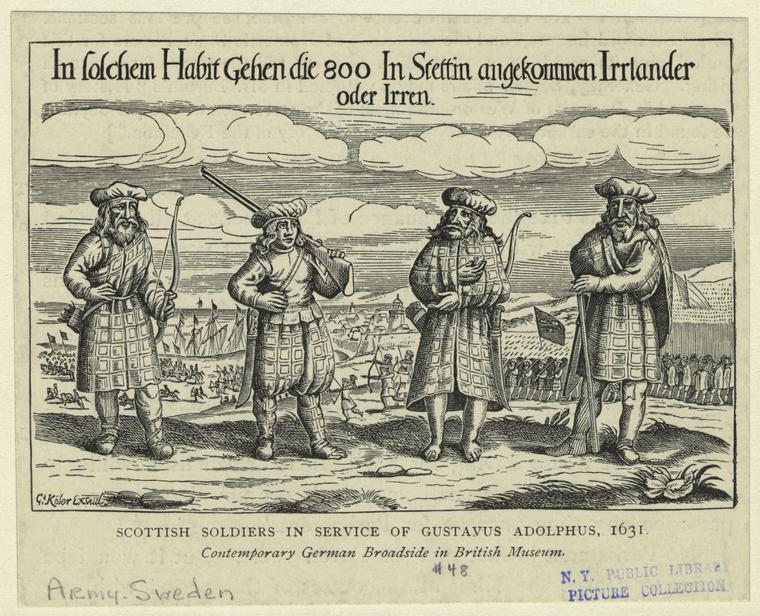 Here's a rare contemporary illustration of 17th century Highland fighting men in European service. The common item is the bonnet. A variety of plaid styles are shown, one man has breeches and another a long coat.