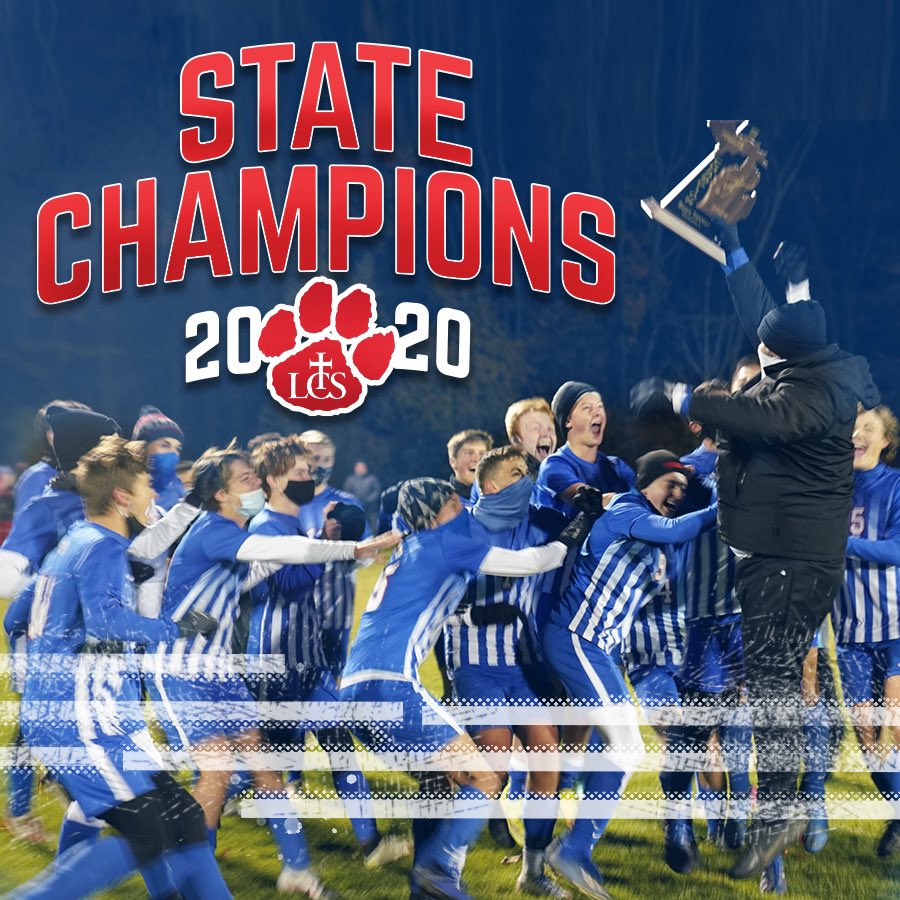LCSCougars's tweet photo. FINAL, 2-1: LCSCougars win the @MHSAA D4 Championship against a highly-skilled Calvin Christian squad! The Cougars were led by senior Gabe Henley who scored both goals for LCS. This is our first-ever soccer title! @lenaweesports @965TheCave https://t.co/wYA259Qlch