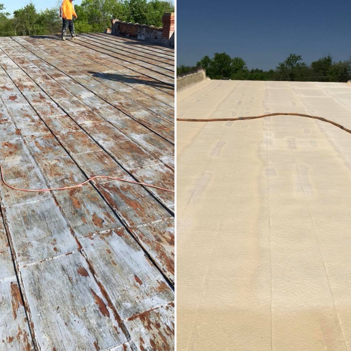 NCFI's tweet photo. Love getting customer images! Look at that roof. Great work Purefoam! #NCFI #beforeandafter #Purefoam #SPFroof #EnduraTech #advancedroofing #durable #roofing https://t.co/xu1iDNyXxW