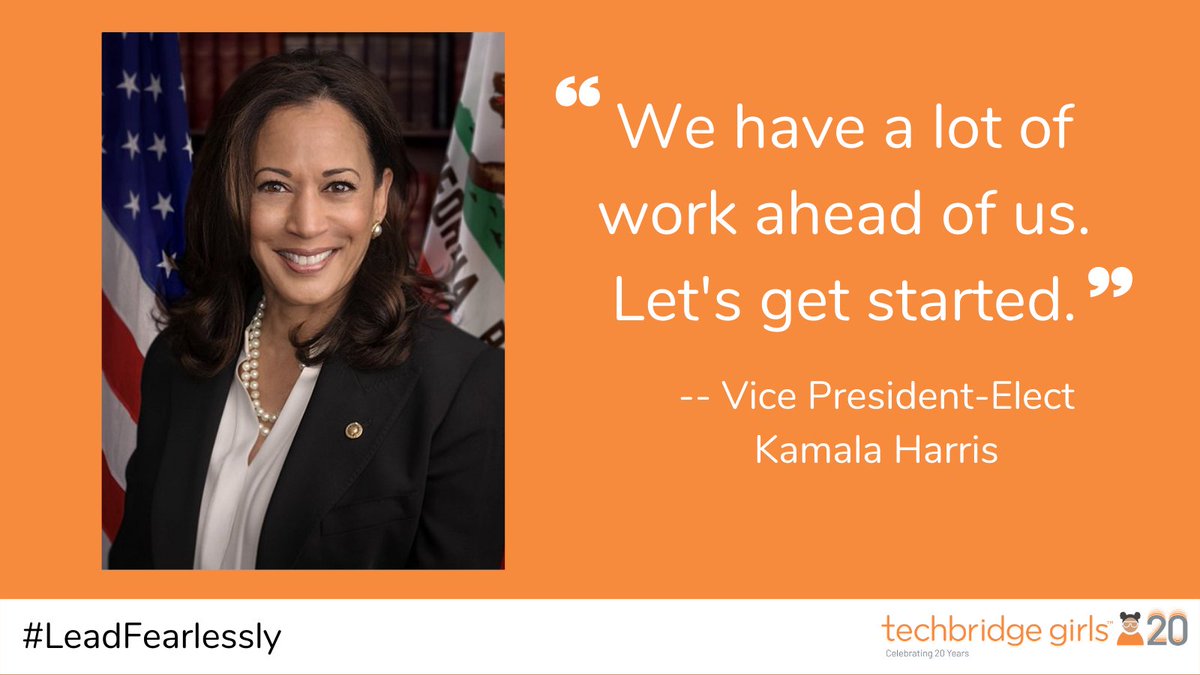 techbridgegirls's tweet photo. So grateful & excited for our girls to see themselves represented in Vice President-Elect @KamalaHarris, the first Black woman & Asian American to hold that office! As Vice President-Elect Harris shared: “We have a lot of work ahead of us. Let’s get started.” #LeadFearlessly https://t.co/oiSTYt5hKa