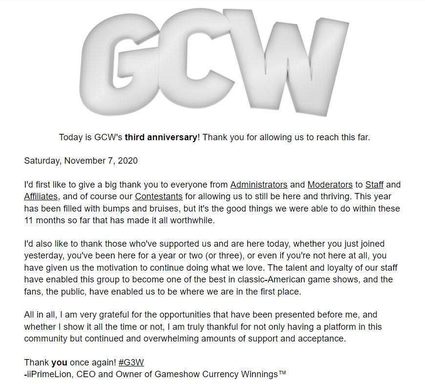 GCW_RBLX's tweet photo. It's our third anniversary! Thank you for sticking around for another year of games and fun! Read this statement made by @iiPrimeLion earlier today ⬇️ https://t.co/XzcXn8VsDK