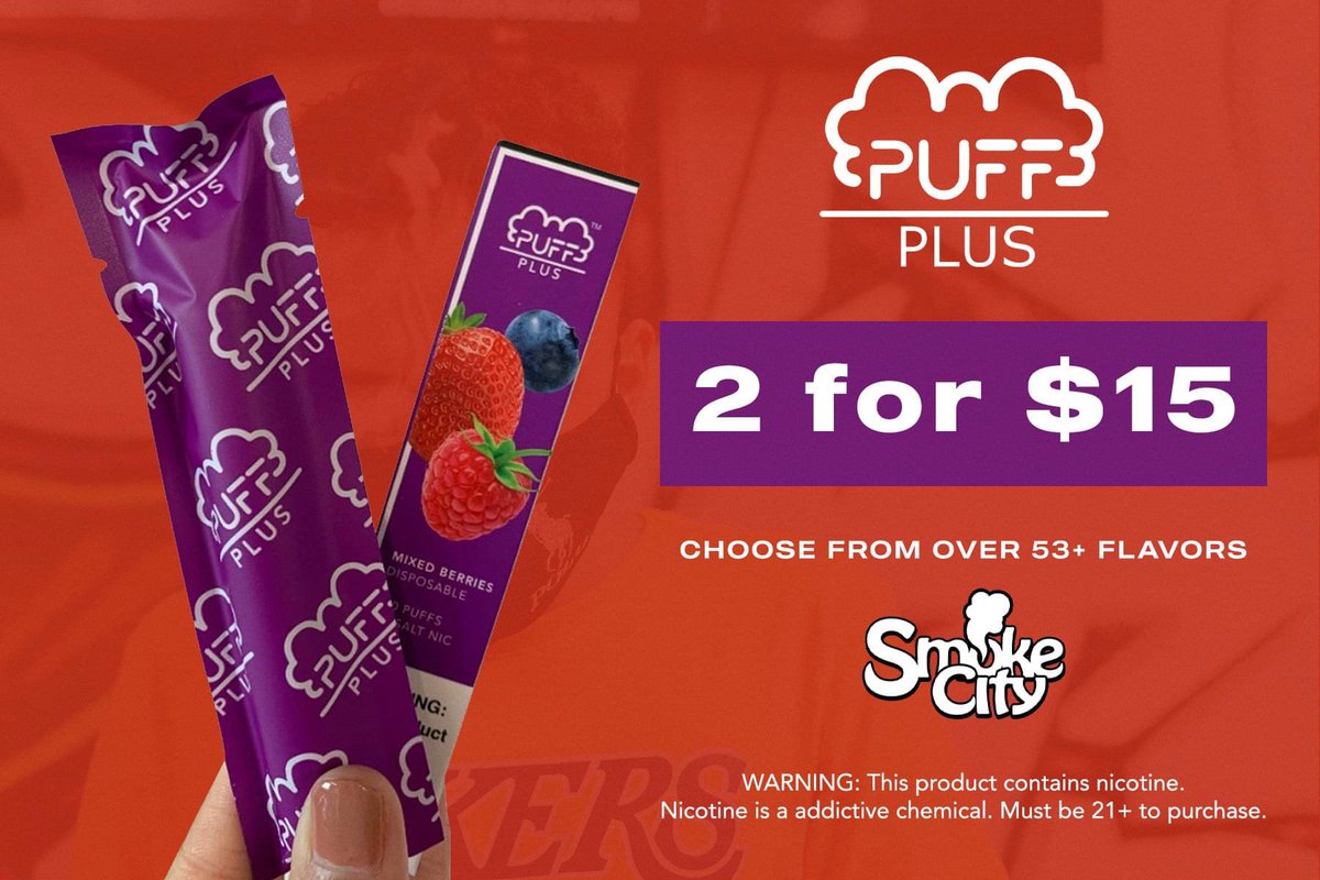 SmokecityCCTX's tweet image. Back by popular demand! Enjoy our 2 for $15 on all Puff Plus disposable vape pens. Choose from 53+ flavors while supplies last. Deal ends tonight at 11PM. Don't forget your mask.

#smokecity #puffplus