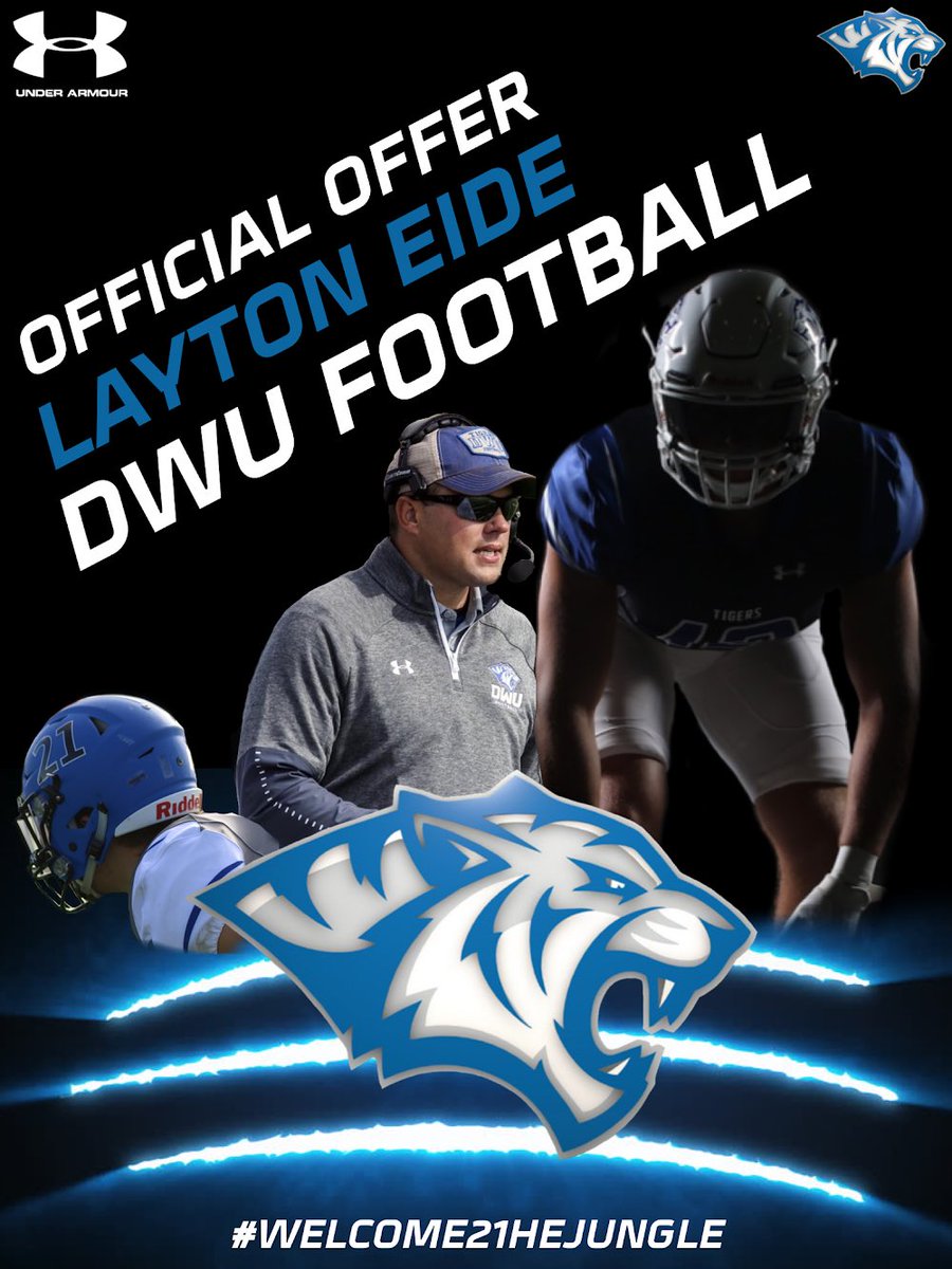 laytoneide's tweet photo. After a great phone call with @TheCoachFoster, I’m blessed to say I’ve received an offer to play football at Dakota Wesleyan University #BleedBlue @dwtigerfootball @DeuelFootball https://t.co/ZQYojxmPrO