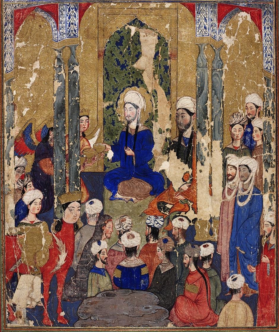 The Prophet Muhammad sits with the Abrahamic prophets in Jerusalem, anonymous, Mi‘rajnama (Book of Ascension), Tabriz, ca. 1317-1330. The Library of Topkapi Palace Museum.