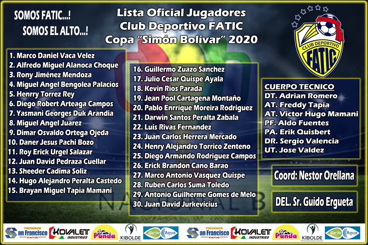 deportivofatic's tweet photo. Lista oficial de los jugadores que participaran en la copa "Simón Bolívar" 2020 
#CDFATIC
#Somos_el_Alto
#CopaSimónBolívar https://t.co/j1S7V5AGop
