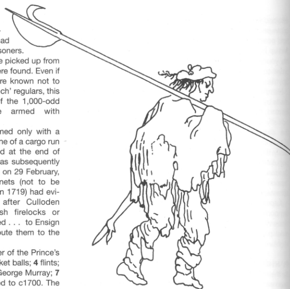 A Lochaber axe-wielding cearnach from The' 45 who appears to be wearing breeches and a plaid over his shoulders. Again, the bonnet his on his head.