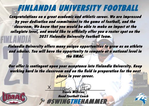 I’m excited to announce that I have received an offer from Finlandia University!! #1MOORE <a href="/FULionsFootball/">Finlandia University Football</a> <a href="/coachcollier1/">Alex Collier</a> <a href="/HornetFB_1MOORE/">BMC Football</a> <a href="/coachmicahjd/">Coach Micah J. Davis</a>