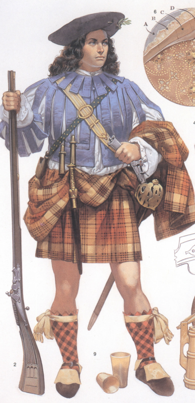 A reconstruction of a Highland gentleman warrior of the 1680s. A lot more dandy than the popular imagination allows. Note the quality of his musket, and that it lacks a trigger guard. Scots gunsmiths were skilled and had an aversion to trigger guards apparently!