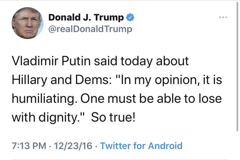 AmoneyResists's tweet photo. @realDonaldTrump You lost. Accepting each new twist of fate—whether it’s a victory or a defeat—graciously is what separates winners from losers. At least according to your own tweet from 6 years ago. You also quoted Putin 4 years ago saying “Not being able to lose with dignity is humiliating.” https://t.co/A3KlOayXwT