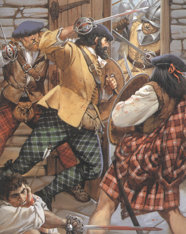 Auldearn, 1645. The Highland royalists under Montrose repel an assault from the Covenanter forces under Urry. Leather coats/jerkins and trews in evidence, as is a belted plaid and padded jerkin.