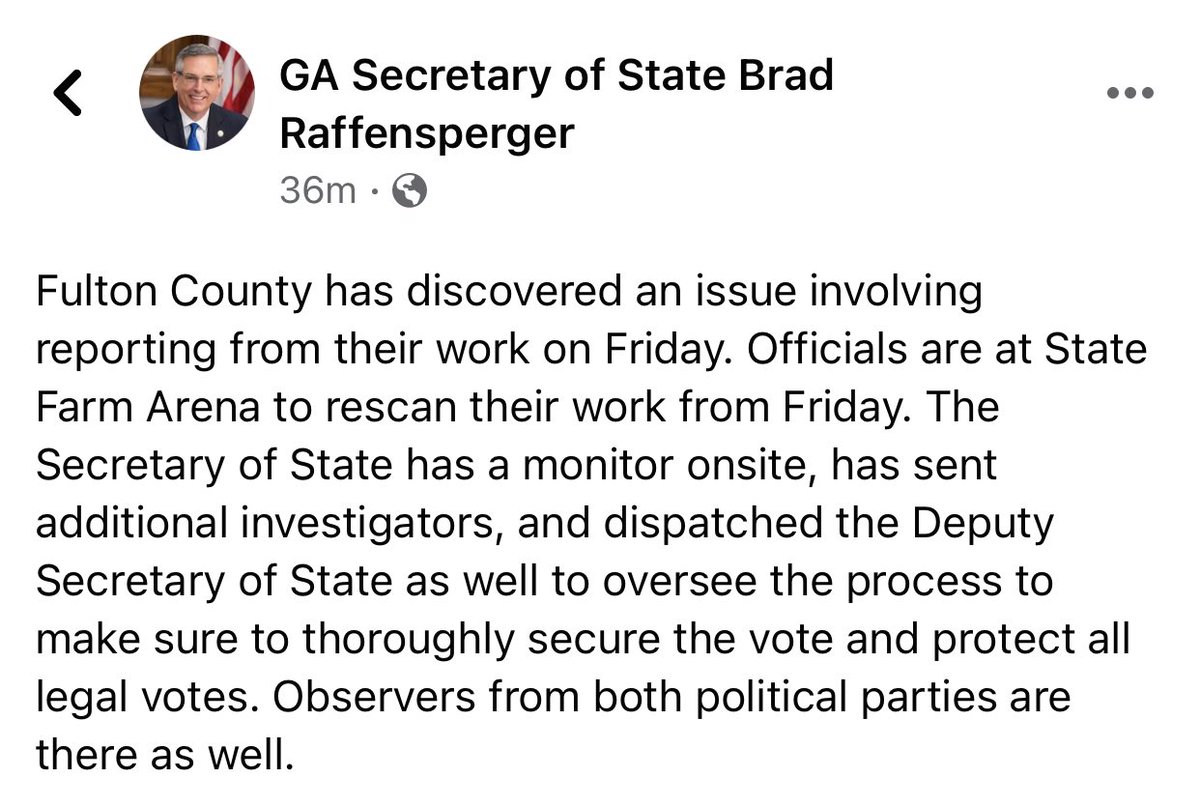  #BREAKING development that *may* significantly affect the current Biden lead in Georgia. “Fulton County has discovered an issue involving reporting from their work on Friday.” @11AliveNews we don’t know how many ballots are in question, or which way they would change the count.