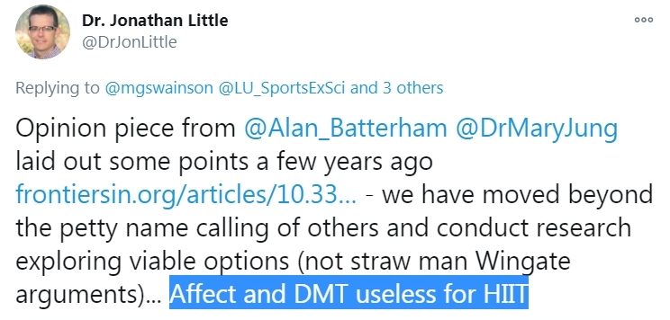 "Affect and DMT useless for HIIT." Inspired by this thoughtful and incisive assessment of Dual-Mode Theory (DMT) by Dr Little (who has clearly "moved beyond petty name calling"), let me again offer some thoughts that may help colleagues better understand what the issues are here.