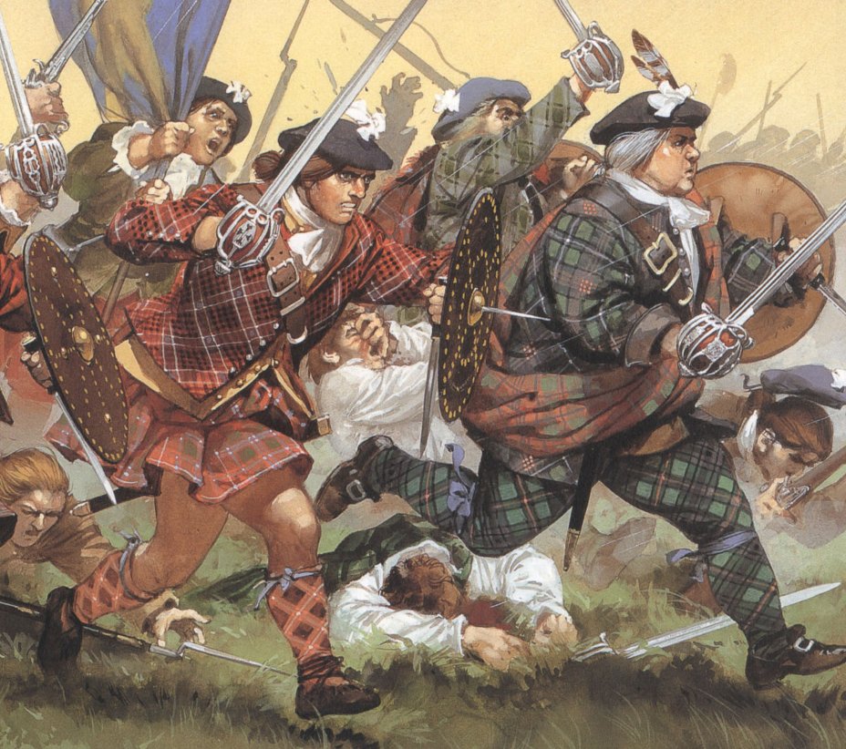 The Jacobite front line at Culloden in 1746. The officer gentlemen lead the charge and are splendidly attired. The leading man wears a full tartan suit of trews and matching jacket, with a plain around his shoulder.