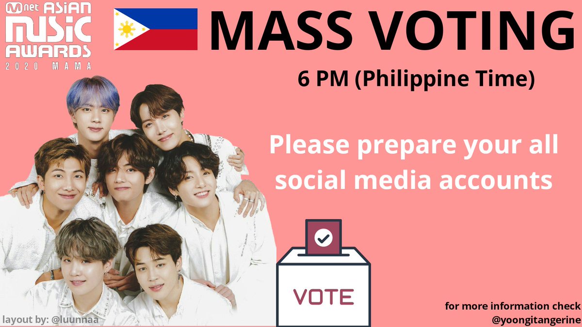 Reminder #5/ Mnet Asian Music Awards 2020 / FILO ARMYS, MASS VOTING AT 6PM TODAY! Lets vote together :)See you!