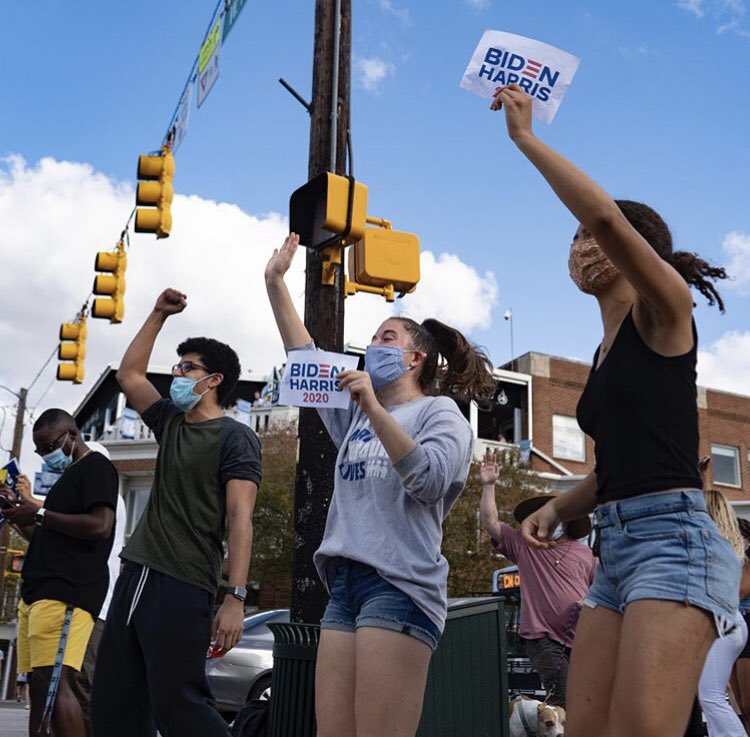 dailytarheel's tweet photo. Scenes from Chapel Hill: People on Franklin Street celebrate Joe Biden’s projected victory in the 2020 presidential election. Photos by @akatsmedia: https://t.co/k8vsEYqVvf