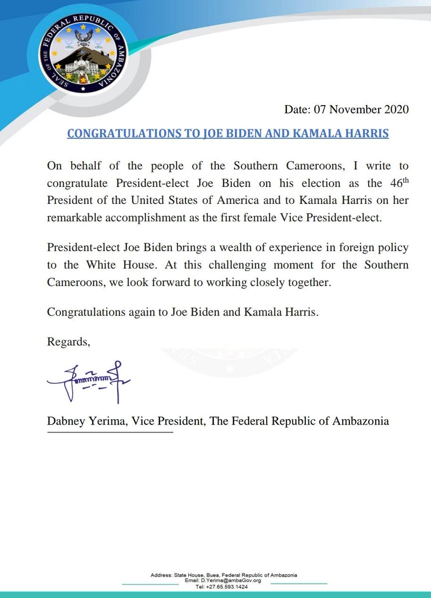 Justice4Nera10's tweet photo. Congratulations to President elect of d USA @JoeBiden.As leaders of #SouthernCameroons held under inhumane conditions by @PR_Paul_Biya for #1038days+ now,we grtly hope your victory wil render #Justice4Nera10 &amp; our pple from d hands of 🇨🇲. @hrw @FoxNews #USElectionResults2020 https://t.co/mME0ccOfh7