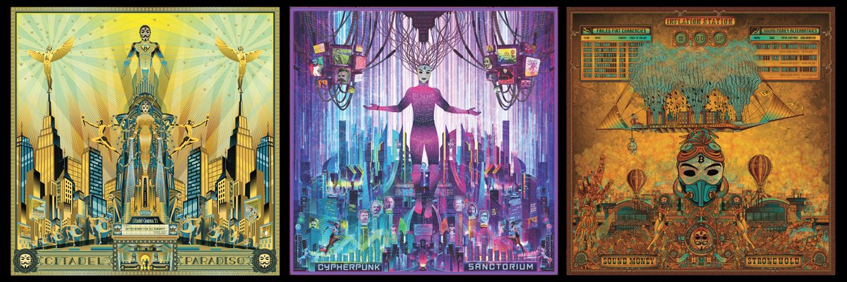 luchopoletti's tweet photo. My new collection will be titled Novus Moneta Seclorum, meaning "New Currency for the Ages" #Bitcoin.

This is the unifying theme for the 3 pieces, each set in different periods (past, future, present). I'll share a bit about my creative process for the collection here. https://t.co/88HlCR25iP