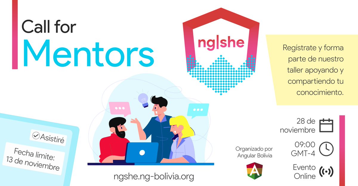 ¡Atención Latam Devs! 👩🏻‍💻👨🏻‍💻 ¿Tienes conocimientos en desarrollo web usando Angular? ¿Te gustaría compartir lo que sabes en un gran evento? ¡Esta es tu oportunidad! 🚀

✅ Postúlate como mentor en: forms.gle/vFWNNB4QXoRmvv…

🟠 Más información en ngshe.ng-bolivia.org

#ngshe2020