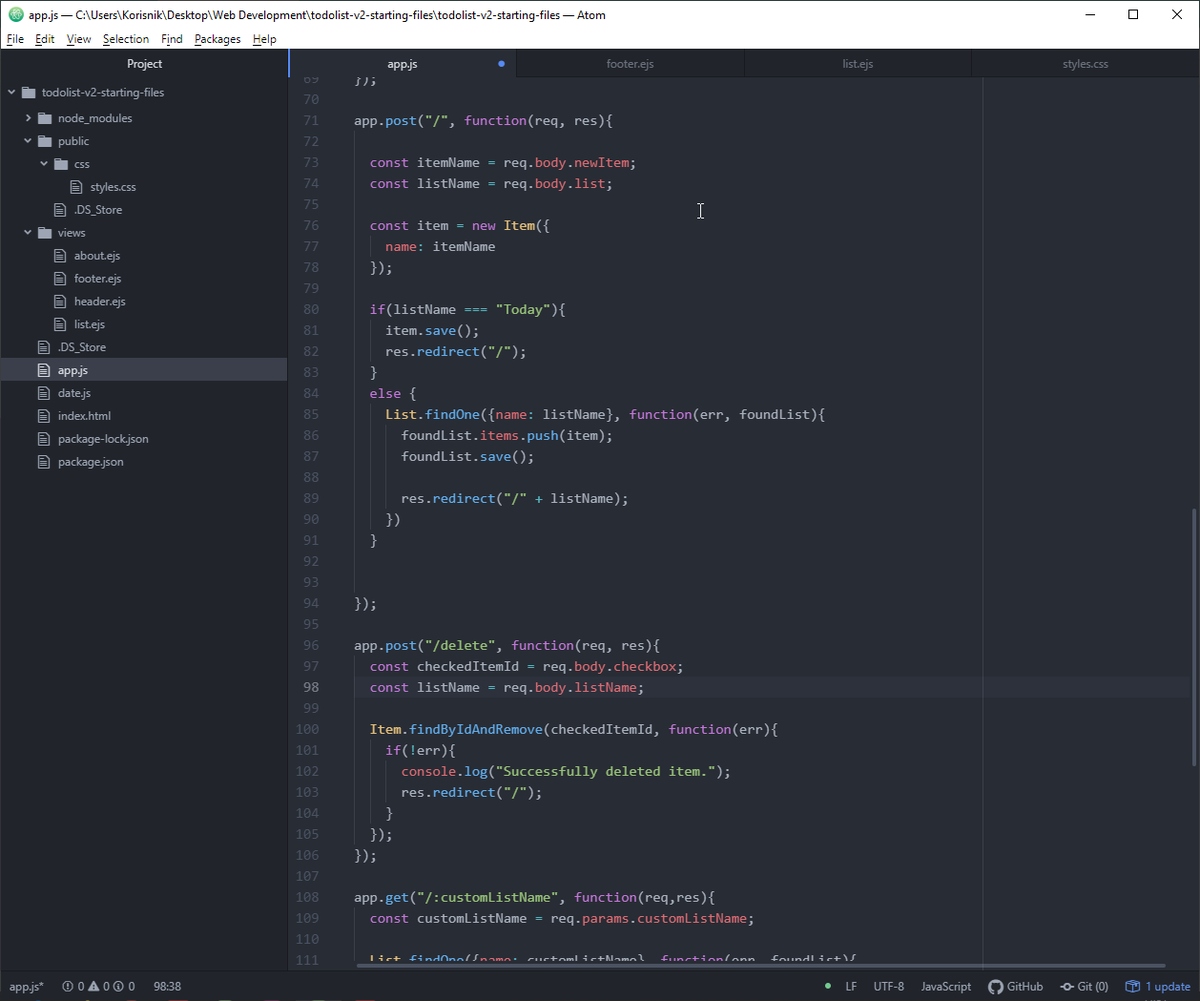 AceWolfpup's tweet photo. Day 9: Creating custom lists, adding and removal of items from them implemented. #100DaysOfCode #codingnewbie #Election2020 #ByeByeTrump #MongoDB #NodeJS #ejs #mongoose #express #FullStack #webdevelopment https://t.co/MdxhYdxu0q
