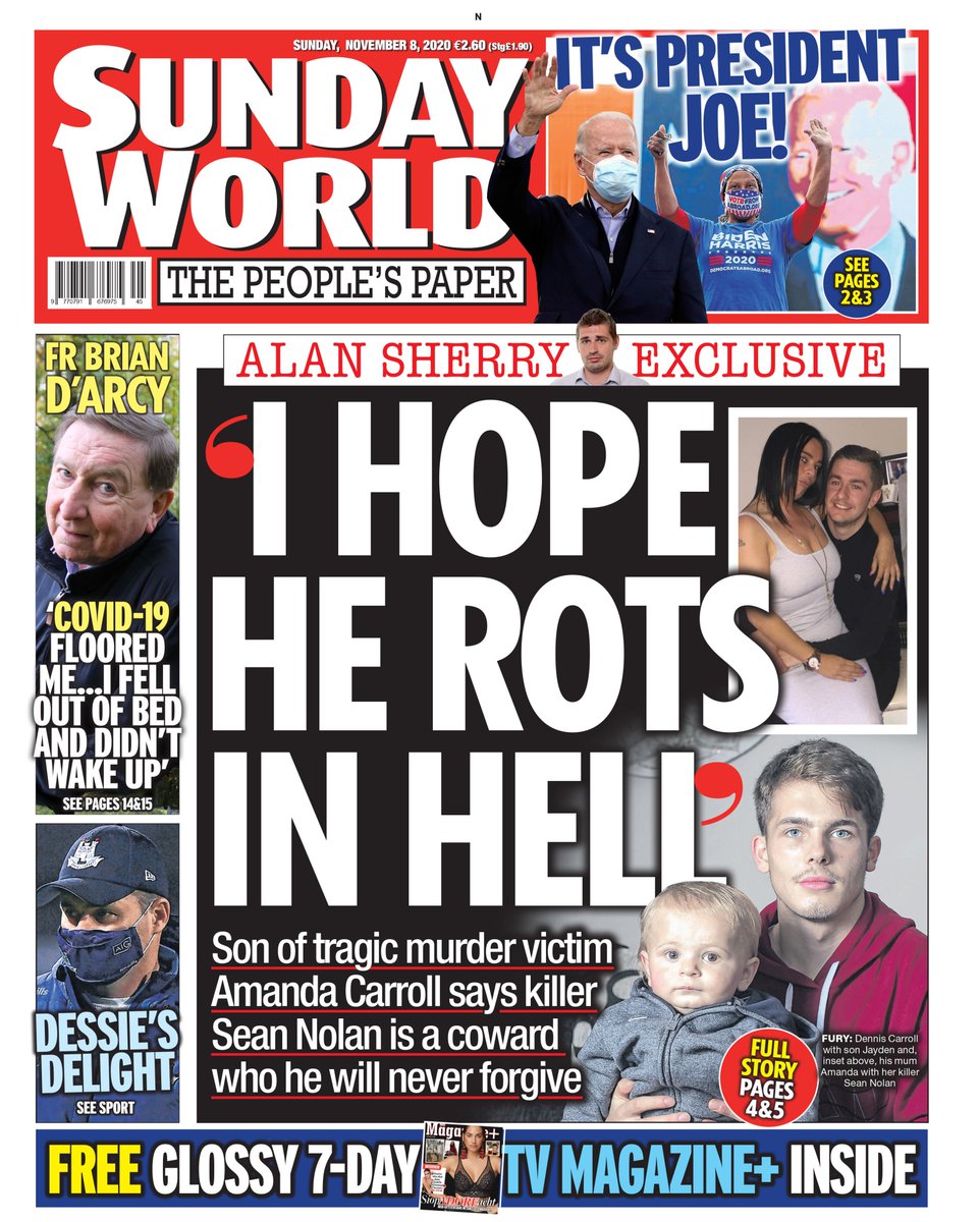 crimeworld_com's tweet photo. Tomorrow's front page: 'I HOPE HE ROTS IN HELL' - Son of tragic murder victim Amanda Carroll says killer Sean Nolan is a coward who he will never forgive.

Plus @FrBrianDarcy shares how he caught Covid-19 despite taking every effort to stay safe. https://t.co/DYEQIrSwma