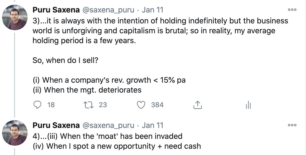 On selling -I don't marry a stock for life; my goal is to maximise my portfolio CAGR. So, when the story changes or I spot a better opportunity, I make changes. When I sell is clearly described in my Pinned Tweet (relevant excerpt is attached). Hope this helps.