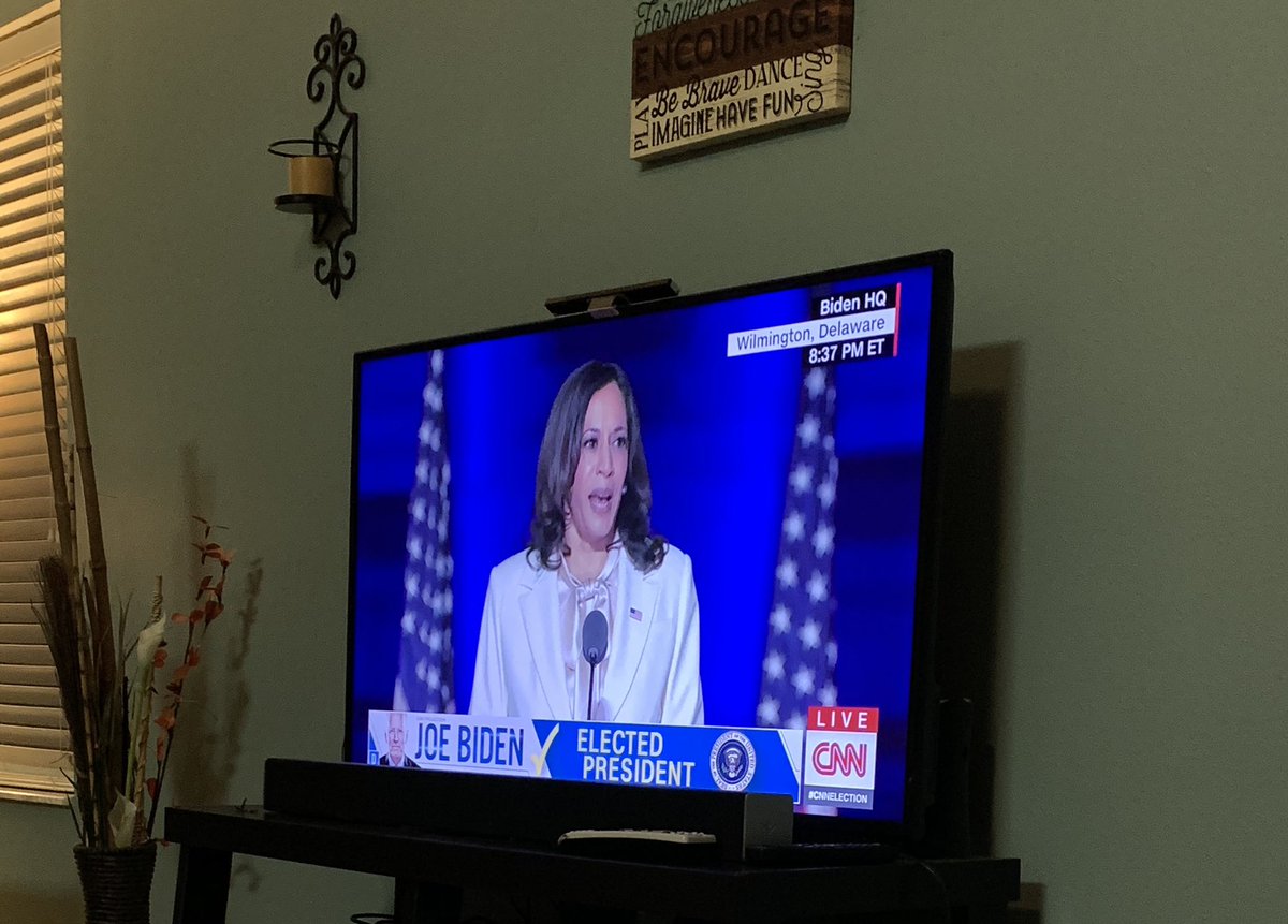 Jpena12's tweet photo. #BidenHarris2020 #JoeBiden #KamalaHarris my kids are watching history in the making and especially to have my daughter watching Kamala and what she has accomplished today words cannot explain. Here is to a new beginning and healing thank you Joe. https://t.co/YDgKR8cylC
