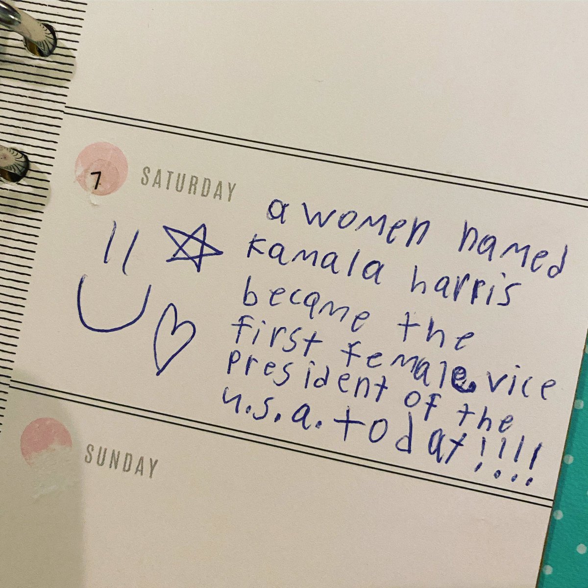 My 8-year-old daughter wrote this in her calendar just now😭 💖 #kamalaharris #girlscandoanything #glasseverywhere #proudmama #myV #election2020 #bidenharris2020 <a href="/KamalaHarris/">Kamala Harris</a>
