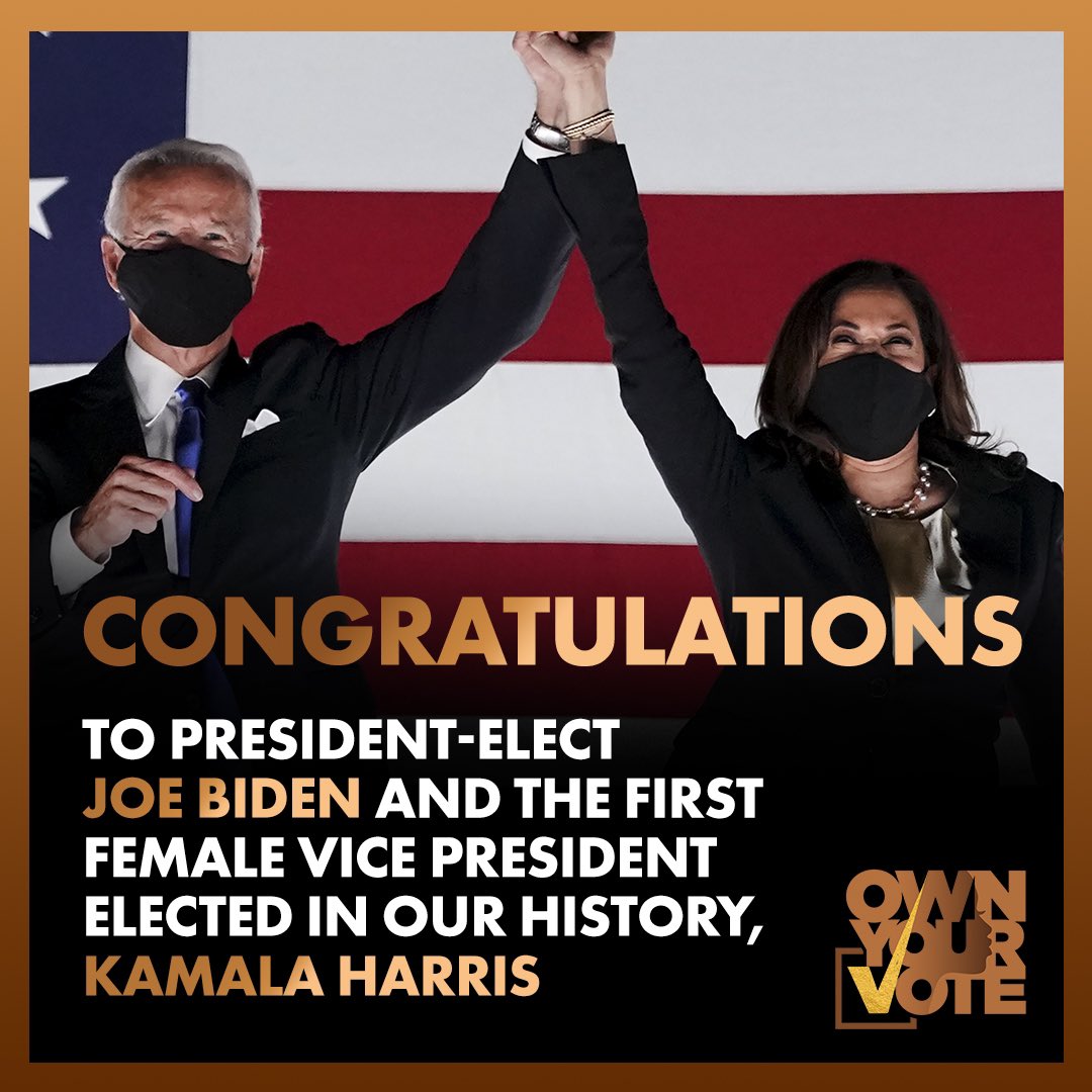 OWNTV's tweet image. Congratulations to President-Elect @JoeBiden and Vice President-Elect @KamalaHarris for breaking records, making history, and giving us an Election we will never forget ✨ #OWNYourVote