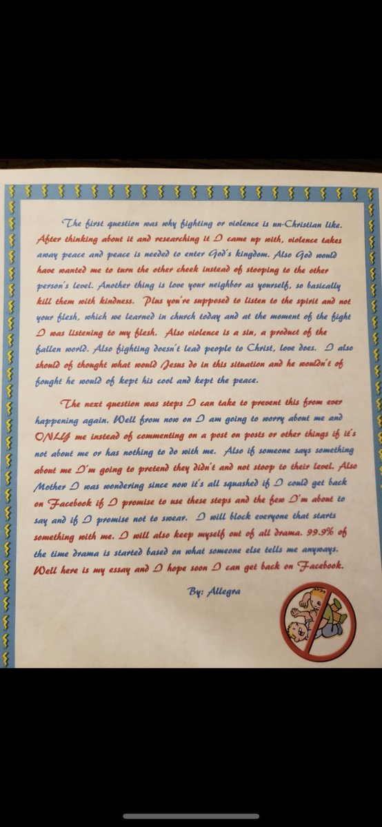 allegramcclain_'s tweet photo. When my mom made me write why fighting was un-Christian like because I was with the fucking shits in high school 😂😂😂😂😂 https://t.co/18t6HaU2fk