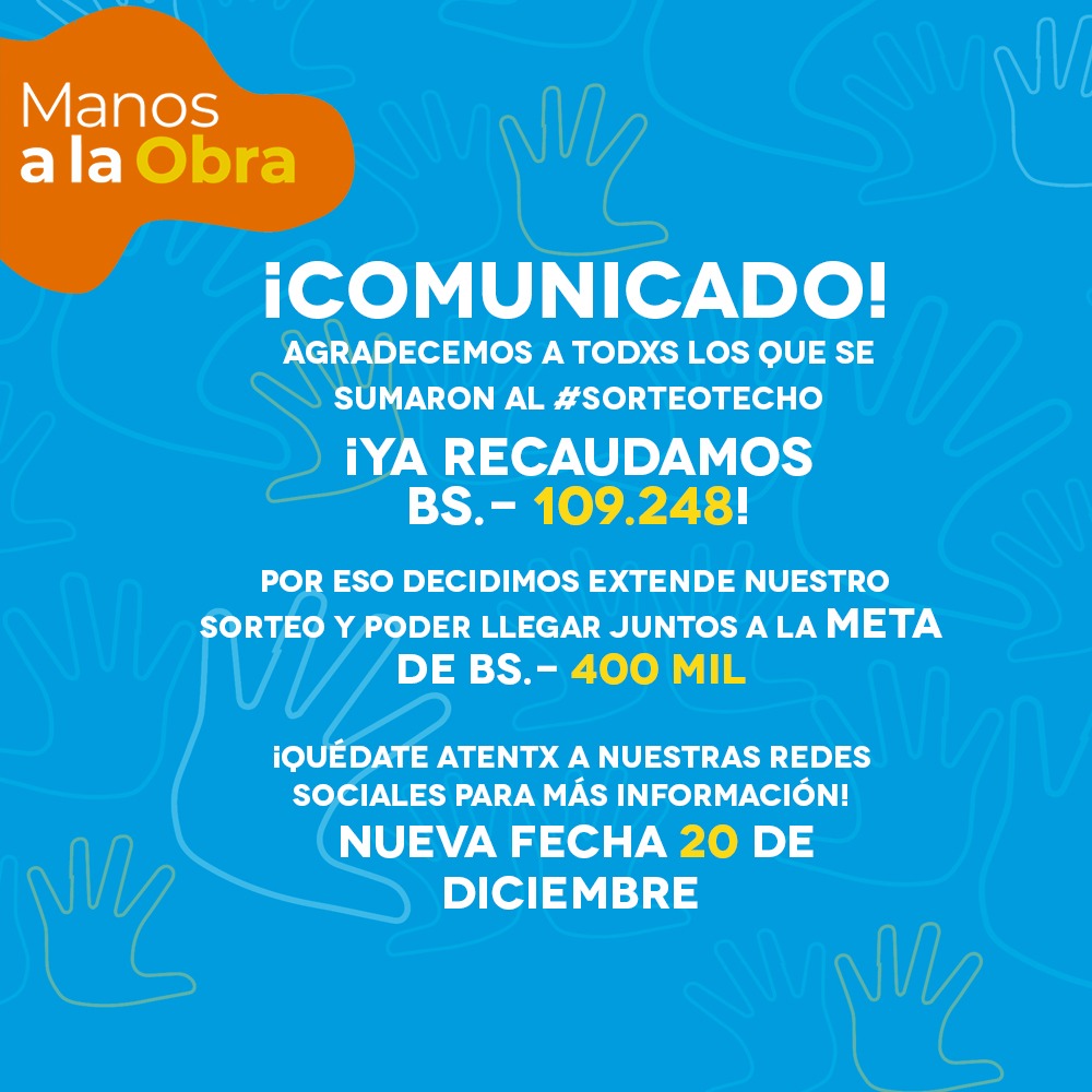 Agradecemos a los que se sumaron a la campaña Colecta TECHO 2020.
Extendimos nuestra fecha de sorteo hasta el 20 de Diciembre 
Agradecemos: Investa, DHL, Porsche, Unilever, Punto Nieve, Hipermaxi, Palacio de Sal, Amazsonas, Mixtape, Cordillera, Taawa, Sumaaru, aros de luz Bolivia