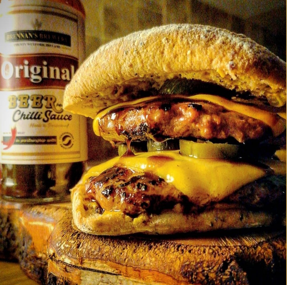 <a href="/BalinwillinFarm/">Ballinwillin House Farm</a> Double Wild Boar Burger with Plastic cheese (I make no apology) Jalapeño pickles and <a href="/BrennansBrewery/">Brennans Brewery</a> beer chilli sauce!! 🤤🤤🤤 #eatlocal #homemade #homecooking #chillisauce #hotsauce #eat #cooking
