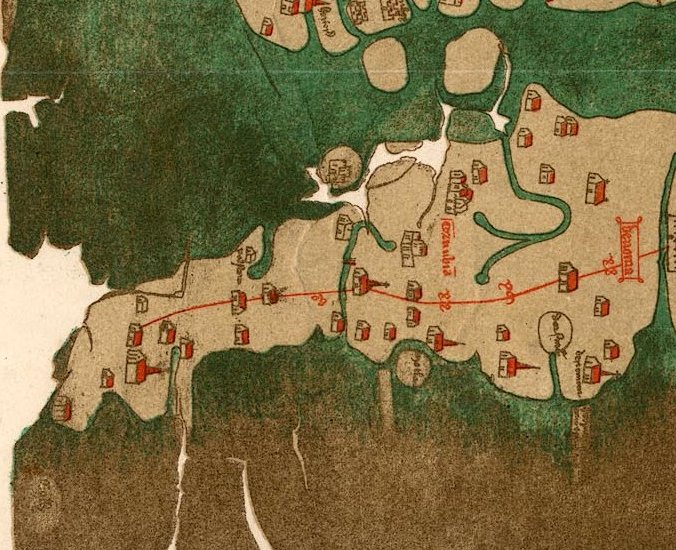 Close up of Cornwall and Devon on the fourteenth-century Gough Map. Important places are marked and the road is believed to terminate at St Ives, which is potentially a point of some interest with regard to St Ives's local import in the medieval era:  http://www.goughmap.org/map/ 