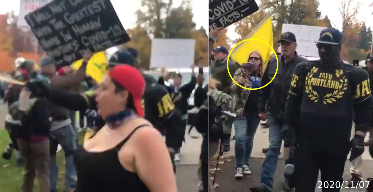 COPS NW leader Audra Price ( https://twitter.com/search?q=from%3Arosecityantifa%20audra%20price&src=typed_query) is seen here with a fascist Proud Boys hate group member as he aggressively assaults someone with bear mace. Price has consistently coordinated violent actions with fascists in recent months.  https://twitter.com/PDXzane/status/1325182089478643712