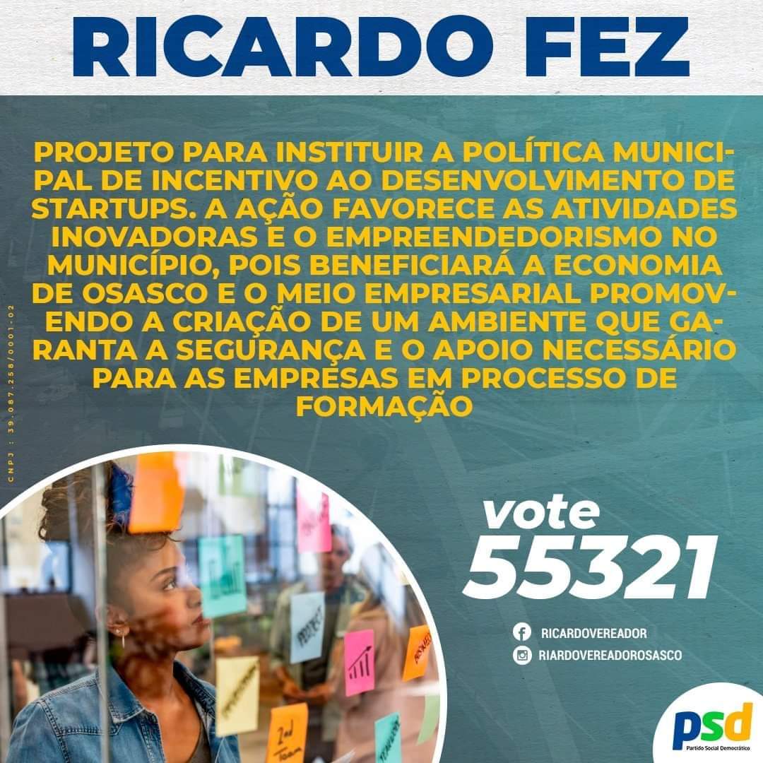 RICARDOOSASCOSP's tweet photo. Projeto para instituir a Política Municipal de Incentivo ao desenvolvimento de Startups.

#vote55321 #vereadordopovo #politicaderespeitoeseriedade #ricardovereador #eusouosasco #fichalimpa #voz #contagemregressiva
CNPJ : 39.087.258/0001-02 https://t.co/JreovLUjsn