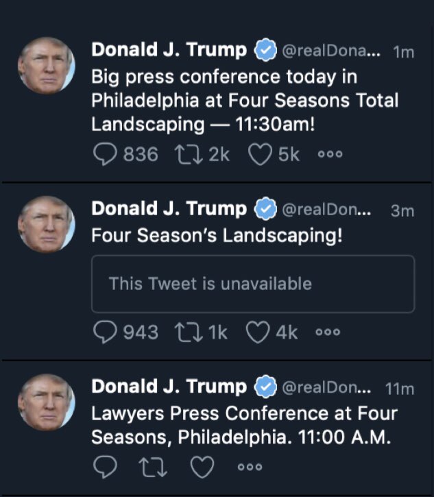 So it seems the timeline is:1 Trump tweets that the press conference is at Four Seasons Hotel at 11 w/o checking with hotel2 Staff find Hotel won’t take it3 Staff find another Four Seasons - the gardening company next to a dildo shop & crematorium - 30 mins further away