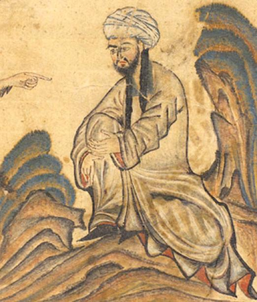 Prophet Muhammed receiving his first revelation from the angel Gabriel. Miniature illustration on vellum from the book Jami' al-Tawarikh, by Rashid al-Din, published in Tabriz, Persia, 1307 A.D. Now in the collection of the Edinburgh University Library, Scotland.