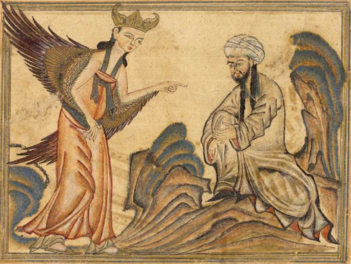 Prophet Muhammed receiving his first revelation from the angel Gabriel. Miniature illustration on vellum from the book Jami' al-Tawarikh, by Rashid al-Din, published in Tabriz, Persia, 1307 A.D. Now in the collection of the Edinburgh University Library, Scotland.