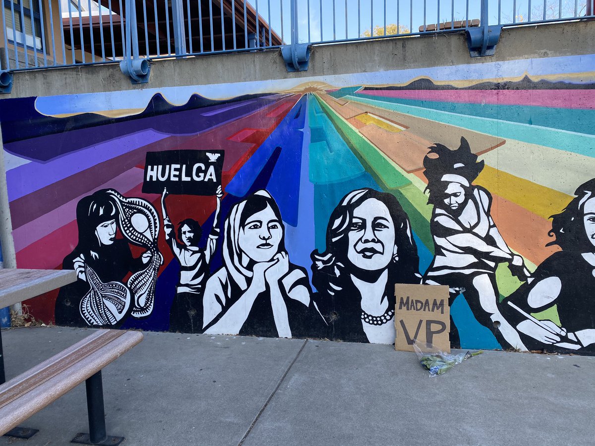 GayleOng's tweet photo. ”Madam VP” sign in front of Kamala Harris mural at Thousand Oaks Elementary School in Berkeley - where she got her start #bayareanative #VPElectKamalaHarris https://t.co/ZvRys6kDMV